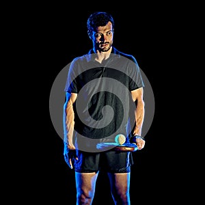 Paddle tennis player man light painting isolated black background