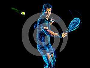 Paddle tennis player man light painting isolated black background