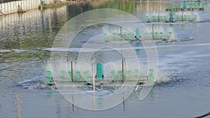 Paddle wheels aerators in black water on canal.