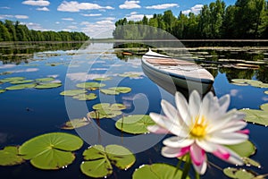 paddleboard on a placid pond with blooming water lilies