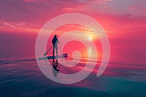 Paddleboarder on a calm lake at dawn