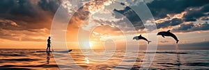 Paddleboarders enjoy sunrise as dolphins leap joyfully in the ocean waves photo