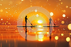 Paddleboarders with oars on a lake surface as the sun sets Stock Photo photo