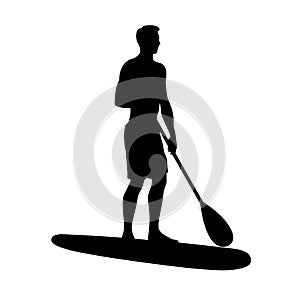 Paddleboarding man black icon on white background. Paddleboarding man silhouette