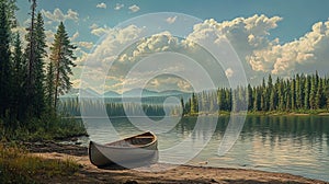 A paddleboat resting on the shore of a calm lake surrounded by pine