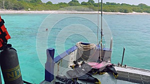 Paddles for diving are on board, man ready to dive swims in water