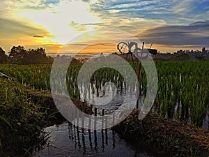 Paddy field irrigation system and evening sky