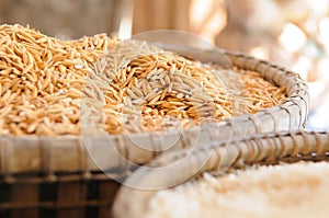 Paddy rice and rice in bamboo basket