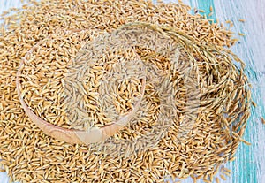 Paddy rice seed in a wooden bowl