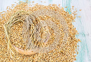 Paddy rice seed in a wooden bowl