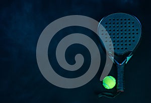 Padel racket. Background with copy space. Sport court and balls. Social media template. Promotion for padel events.