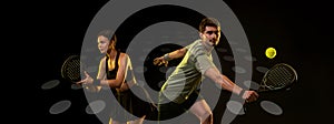 Padel tennis doubles. Two athletes players with racket. Man and woman with paddle racket on court. Sport concept