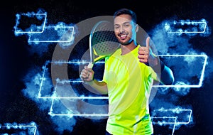Padel tennis player celebrates victory in the game. Man athlete with paddle tenis racket on blue neon background. Sport