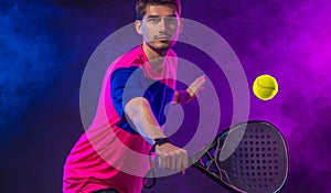 Padel Tennis Player with Racket in Hand. Paddle tenis, on a blue background. Download in high resolution.