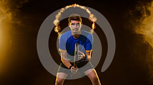 Padel Tennis Player with Racket in Hand. Paddle tenis, on a neon background. Download in high resolution.