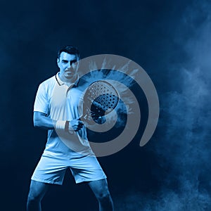 Padel tennis player with racket. Man athlete with paddle racket on court with neon colors. Social media template