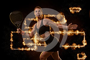 Padel tennis player with racket on tournament. Girl athlete with paddle racket on court with neon colors. Sport concept