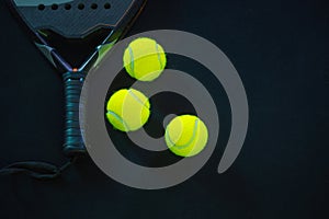 Padel tennis racket. Background with copy space. Sport court and balls. Social media template. Promotion for padel