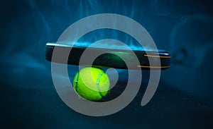 Padel tennis racket. Background with copy space. Sport court and balls. Social media template. Promotion for padel