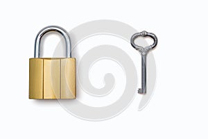 Padlock and antique key on a white background