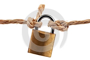 Padlock attached to a string close up on white background