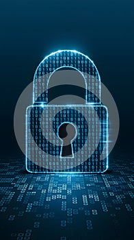 Padlock of binary numbers, slightly open, symbolizing cyber security and technology