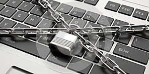 Padlock and chains on a computer keyboard background. 3d illustration