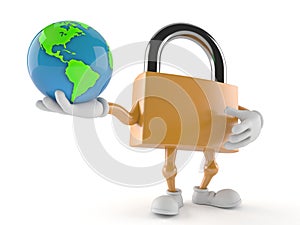 Padlock character holding world globe