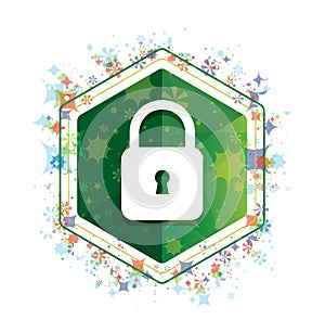 Padlock close icon floral plants pattern green hexagon button