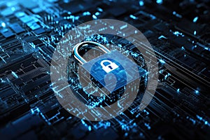 Padlock on a computer hardware. Future technology, cybersecurity and information network protection background