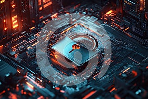 Padlock on a computer hardware. Future technology, cybersecurity
