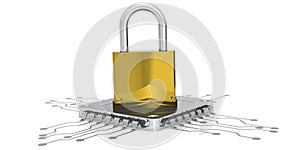 Padlock and computer microchip isolated