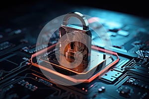 Padlock on computer motherboard, cyber security concept