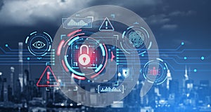 Padlock cybersecurity interface in city