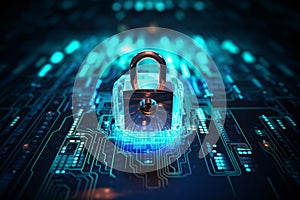 padlock on electronic circuit design background, glowing electronic lock, computer network and cybersecurity.