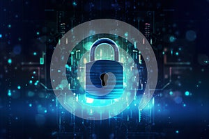 padlock on electronic circuit design background, glowing electronic lock, computer network and cybersecurity.