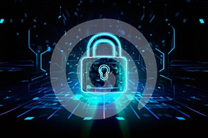 padlock on electronic circuit design background, glowing electronic lock, computer network and cybersecurity