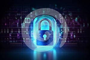 padlock on electronic circuit design background, glowing electronic lock, computer network and cybersecurity