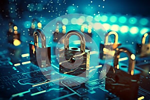 padlock on electronic circuit design background, glowing electronic lock, computer network and cybersecurity