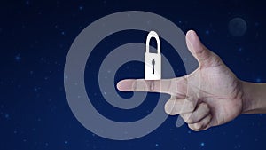 Padlock flat icon on finger over fantasy night sky and moon, Technology internet security and safety online concept