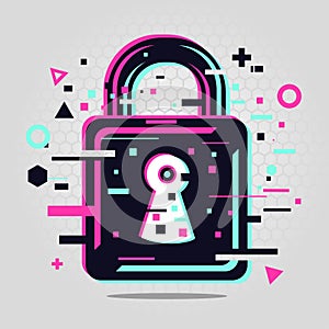 Padlock glitch style. Cyber security emblem. Lock vector icon.