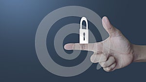 Padlock icon on finger over light gradient blue background, Technology internet security and safety online concept