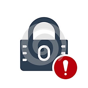 Padlock icon, security icon with exclamation mark. Padlock icon and alert, error, alarm, danger symbol