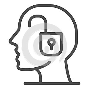 Padlock inside human head line icon, education concept, knowledge and discoveries sign on white background, pursuit of