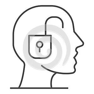 Padlock inside human head thin line icon, education concept, knowledge and discoveries sign on white background, pursuit
