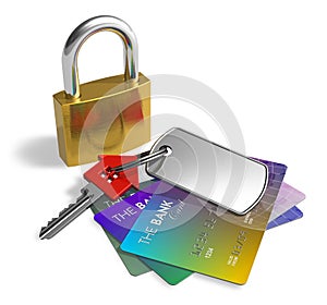 Padlock, key and credit cards