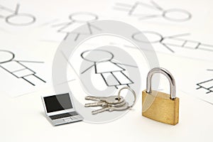 Padlock, keys, miniature laptop and many people on white background.