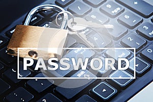 Padlock and laptop computer with password field. Concepts of information privacy and cyber security