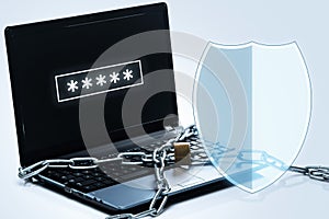 Padlock and laptop computer with password field. Concepts of information privacy and cyber security