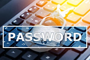 Padlock and laptop computer with password field. Concepts of information privacy and cyber security